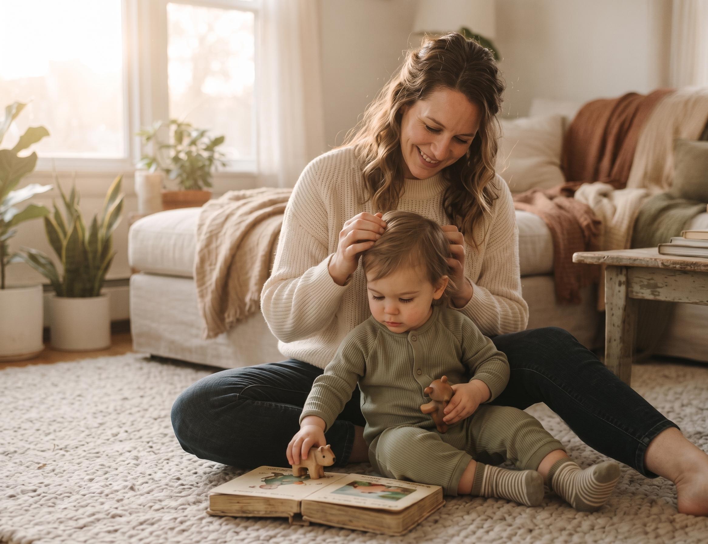 Parent and child sharing a quiet moment of connection in a sunlit living room